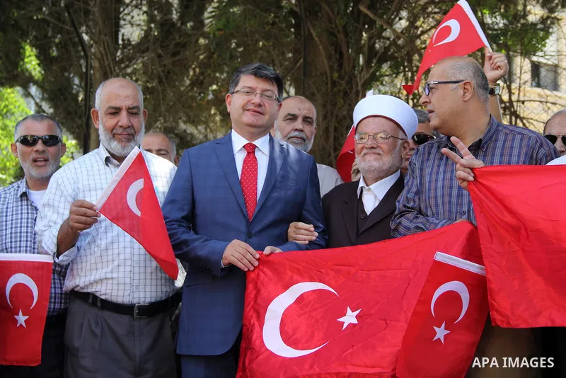 Turkish Consul, Mustafa Sarnic, take part in a protest against the military coup attempt in Turkey, in front of the Turkish consulate in east Jerusalem on July 18, 2016. Photo by Mahfouz Abu Turk