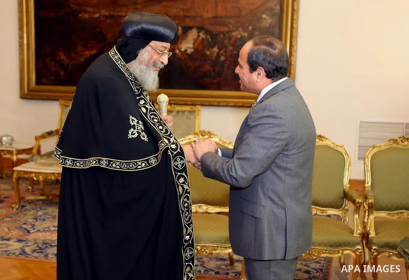 Egyptian President Abdel Fattah al-Sisi meets with Pope Tawadros II of Alexandria, in Cairo, Egypt, on July 28, 2016. Photo by Egyptian President Office