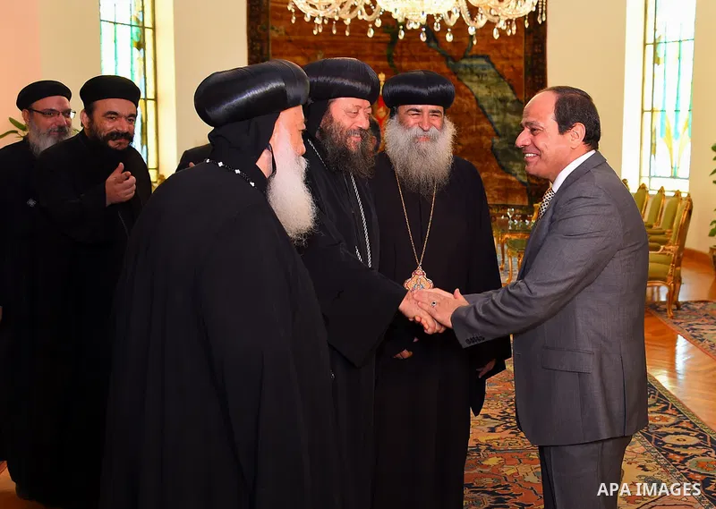 Egyptian President Abdel Fattah al-Sisi meets with Pope Tawadros II of Alexandria, in Cairo, Egypt, on July 28, 2016. Photo by Egyptian President Office