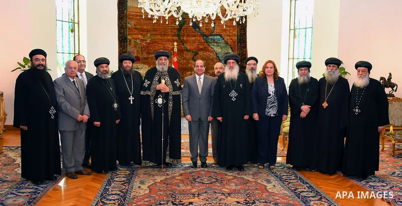 Egyptian President Abdel Fattah al-Sisi meets with Pope Tawadros II of Alexandria, in Cairo, Egypt, on July 28, 2016. Photo by Egyptian President Office