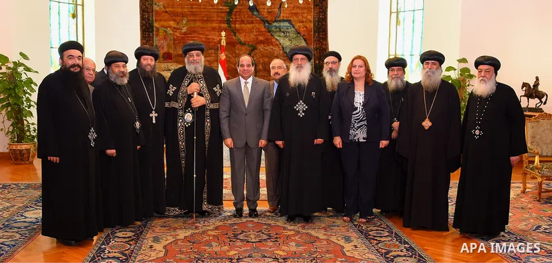 Egyptian President Abdel Fattah al-Sisi meets with Pope Tawadros II of Alexandria, in Cairo, Egypt, on July 28, 2016. Photo by Egyptian President Office