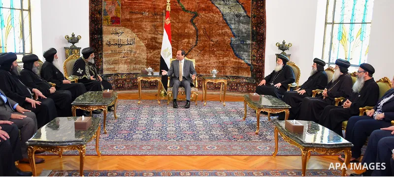 Egyptian President Abdel Fattah al-Sisi meets with Pope Tawadros II of Alexandria, in Cairo, Egypt, on July 28, 2016. Photo by Egyptian President Office
