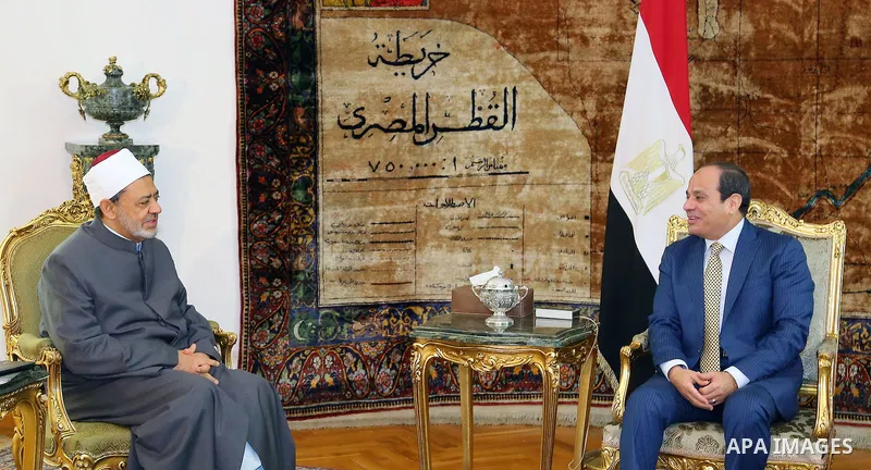 Egyptian President Abdel Fattah al-Sisi meets with Sheikh Ahmed Mohamed el-Tayeb, Egyptian Imam of al-Azhar Mosque in Cairo, Egypt, on Aug. 03, 2016. Photo by Egyptian President Office