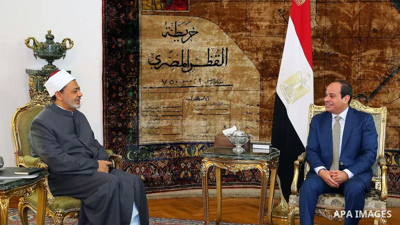 Egyptian President Abdel Fattah al-Sisi meets with Sheikh Ahmed Mohamed el-Tayeb, Egyptian Imam of al-Azhar Mosque in Cairo, Egypt, on Aug. 03, 2016. Photo by Egyptian President Office