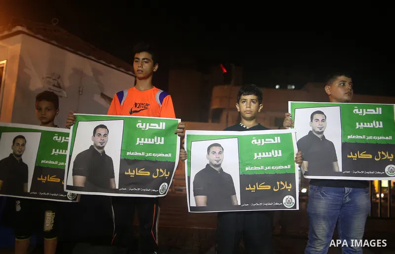 Palestinian children take part in a protest demanding for the release of Bilal Kayed a Palestinian prisoner on hunger strike, in Gaza city, on Aug. 03, 2016. Kayed who was due to be released after serving a 14-and-a-half...