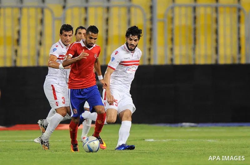 Al-Zamalek players and Al Ahli players compete during final match of Egypt Cup in Borg El-Arab Stadium near Alexandria, Egypt, Aug 8,2016. Photo by Stringer
