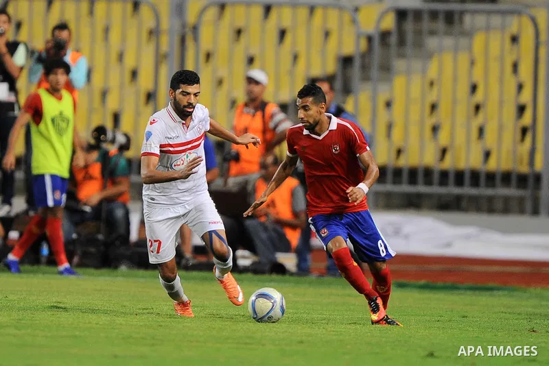 Al-Zamalek players and Al Ahli players compete during final match of Egypt Cup in Borg El-Arab Stadium near Alexandria, Egypt, Aug 8,2016. Photo by Stringer