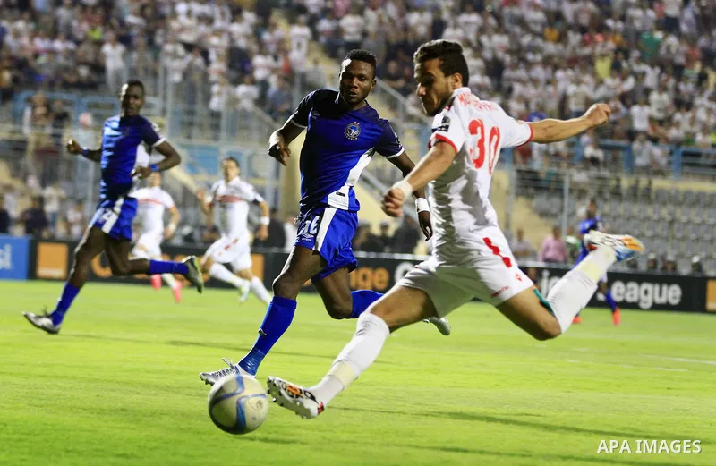 Al-Zamalek players v Nigeria's Enyimba compete during the Confederation of African Football (CAF) Champions League match at Petro Sport stadium in Cairo, August 15, 2016. Photo by Stringer