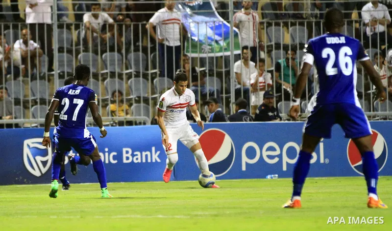 Al-Zamalek players v Nigeria's Enyimba compete during the Confederation of African Football (CAF) Champions League match at Petro Sport stadium in Cairo, August 15, 2016. Photo by Stringer