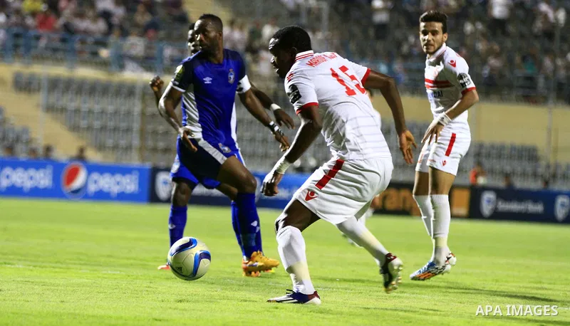Al-Zamalek players v Nigeria's Enyimba compete during the Confederation of African Football (CAF) Champions League match at Petro Sport stadium in Cairo, August 15, 2016. Photo by Stringer