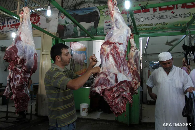 A Palestinian vendor sells meats at his shop in a market in Rafah in the southern Gaza strip, on August 16, 2016. Photo by Abed Rahim Khatib