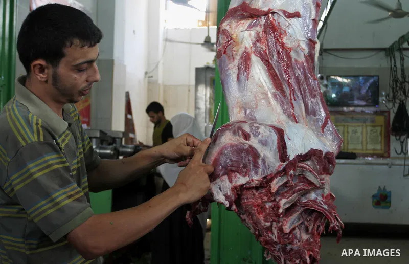 A Palestinian vendor sells meats at his shop in a market in Rafah in the southern Gaza strip, on August 16, 2016. Photo by Abed Rahim Khatib