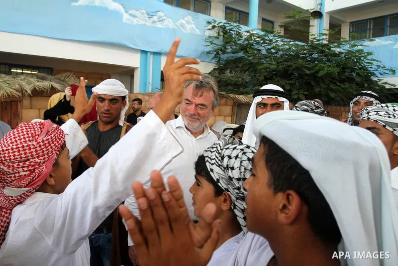 Director of UNRWA operations in Gaza Bo Shack attends a heritage festival during the closing ceremony of 2016 summer fun week organised by the United Nations Relief and Works Agency (UNRWA), in Khan Younis in the souther...
