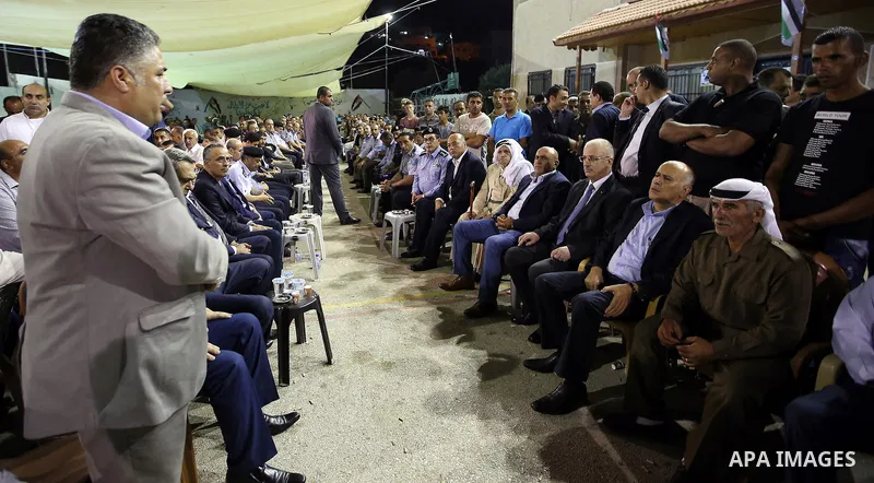 Palestininan Prime Minister, Rami Hamdallah, attends the funeral of the martyr Shibley Bani Shamsa and Mahmoud Altaraireh, in the West Bank, City of Nablus on August 20, 2016. Photo by Prime Minister Office