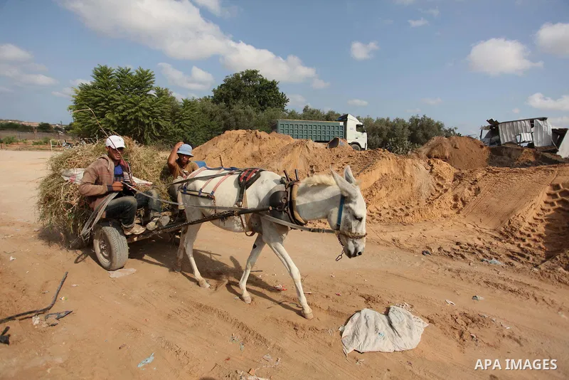 Palestinian men load stones on a cart next to a crater on August 22, 2016 in Beit Lahia in the northern Gaza Strip, following an Israeli airstrike the day before that targeted Hamas positions in the Gaza Strip in respons...