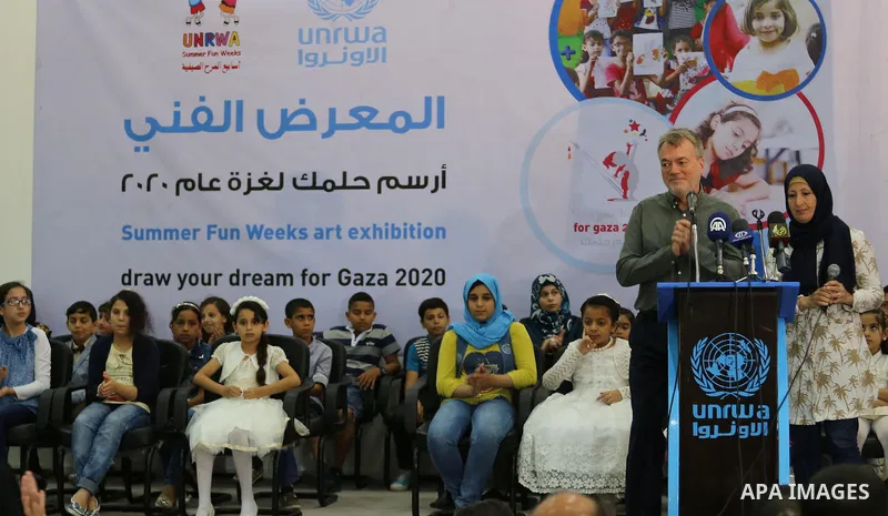 Director of UNRWA operations in Gaza Bo Shack, speaks during the art exhibition "draw your dream for Gaza 2020", in Gaza city on Aug. 23, 2016. Photo by Mohammed Asad