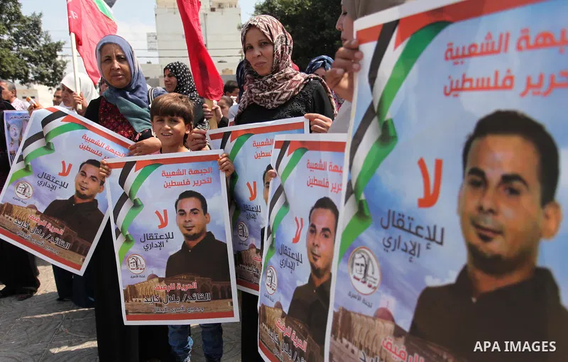 Supporters of the Popular Front for the Liberation of Palestine (PFLP) take part in a celebration of Bilal Kayed, in Gaza city on August 25, 2016. Palestinian prisoner Bilal Kayid has suspended his hunger strike after sp...