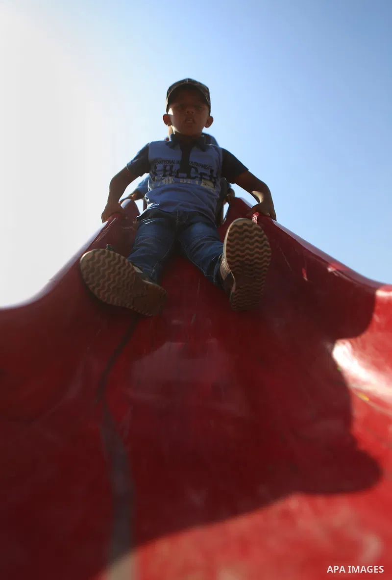 Palestinian Bedouin Students play at Arab Al-Ka'abneh school in Al-Mu'arrajat area near the West Bank city of Jericho, on the first day of a new school year on Aug. 28, 2016. Dozens of Palestinian children in the ramshac...