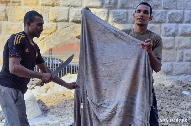 Egyptian leather tannery workers, salt the hides of animals before drying them, at a leather tannery, in Cairo, Egypt, on August 28, 2016. Photo by Amr Sayed