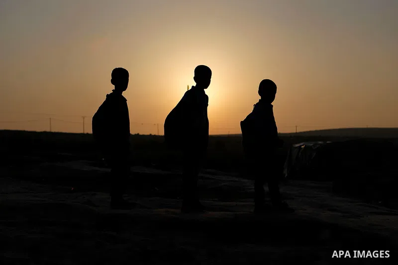 Palestinian school students go to school in the West Bank village of Sosiya, south of Hebron, on September 1 2016, villages in Yatta area south of Hebron suffer from lack of schools and transportations and students have...