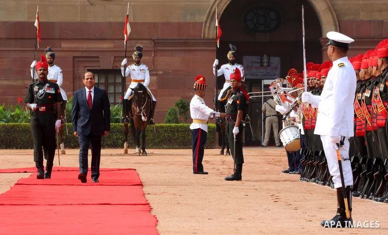 Egypt's President Abdel Fattah al-Sisi inspects the guard of honor during the ceremonial reception at presidential palace in New Delhi on September 2, 2016. El-Sisi is on a three-day state visit in India. Photo by Egypti...