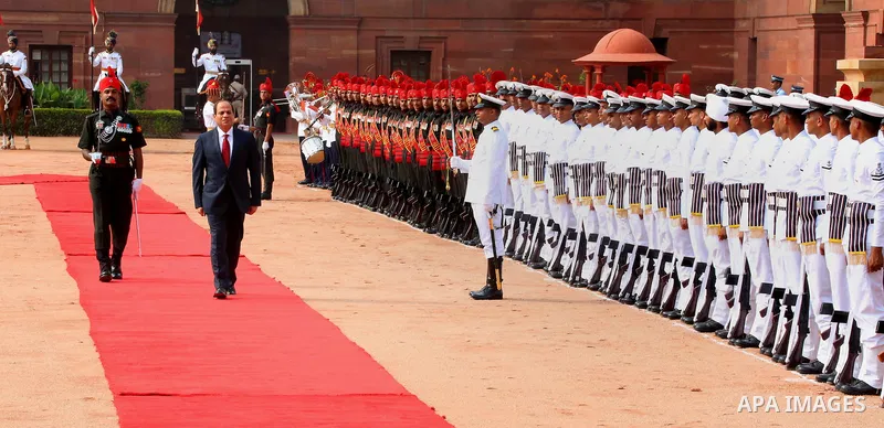 Egypt's President Abdel Fattah al-Sisi inspects the guard of honor during the ceremonial reception at presidential palace in New Delhi on September 2, 2016. El-Sisi is on a three-day state visit in India. Photo by Egypti...