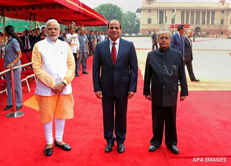 India's Prime Minister Narendra Modi, India's President Pranab Mukherjee and Egypt's President Abdel Fattah al-Sisi pose for a photo during the ceremonial reception at presidential palace in New Delhi on September 2, 201...