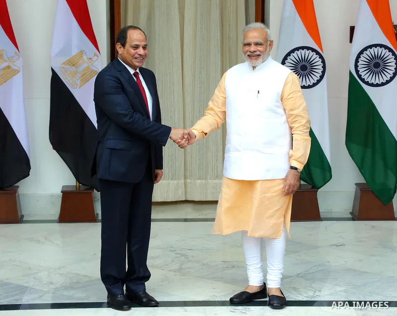 Indian Prime Minister Narendra Modi shakes hands with Egyptian President Abdel Fattah al-Sisi at a meeting at Hyderabad House in New Delhi on September 2, 2016. al-Sisi is on a three-day state visit in India. Photo by Eg...