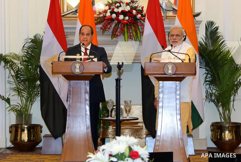 Egyptian President Abdel Fattah al-Sisi speaks during a joint press conference with Indian Prime Minister Narendra Modi at Hyderabad House in New Delhi on September 2, 2016. al-Sisi is on a three-day state visit in India...