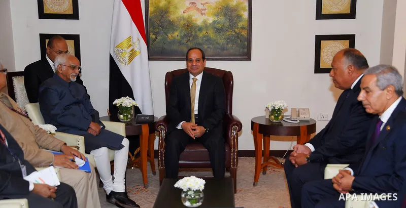 Egyptian President Abdel Fattah al-Sisi meets with India's Vice President Hamid Ansari in New Delhi on September 2, 2016. al-Sisi is on a three-day state visit in India. Photo by Egyptian President Office
