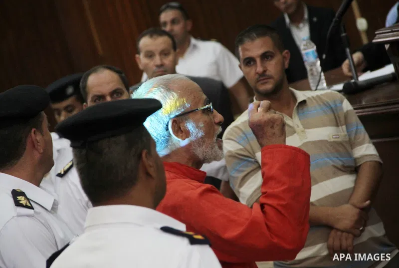 Egyptian Muslim Brotherhood leader Mohammed Badie speaks to judges during his trial in a case known in media as "Rabaa Operations Room", in Cairo, on Sep. 06, 2016. Photo by Amr Sayed