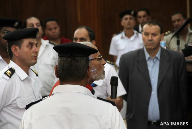 Egyptian Muslim Brotherhood leader Mohammed Badie speaks to judges during his trial in a case known in media as "Rabaa Operations Room", in Cairo, on Sep. 06, 2016. Photo by Amr Sayed