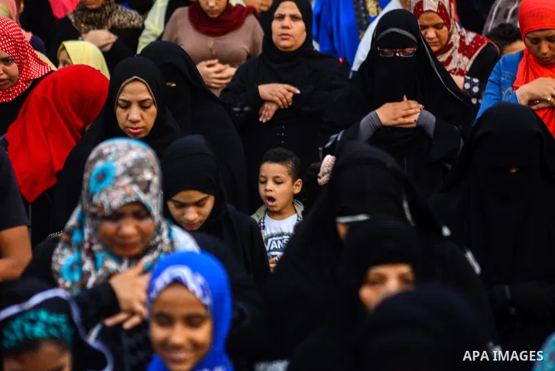 Muslim Egyptians perform the morning prayer of the Eid al-Adha holiday at Amr Ibn al-Aas mosque in the capital Cairo on September 12, 2016. Muslims across the world celebrate the annual festival of Eid al-Adha, or the fe...