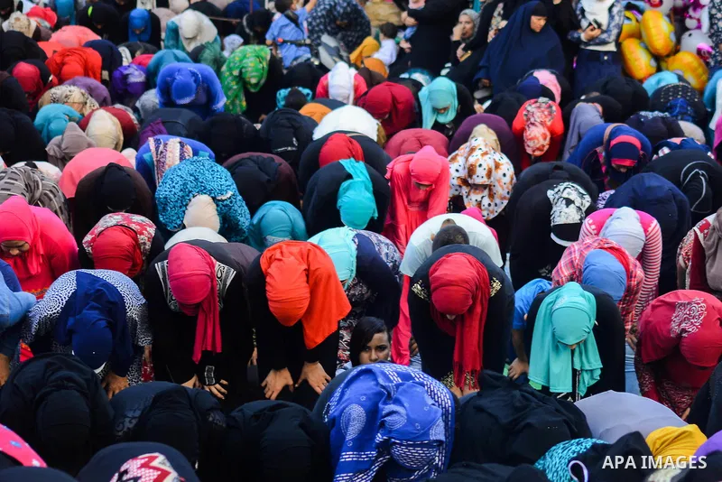 Muslim Egyptians perform the morning prayer of the Eid al-Adha holiday at Amr Ibn al-Aas mosque in the capital Cairo on September 12, 2016. Muslims across the world celebrate the annual festival of Eid al-Adha, or the fe...