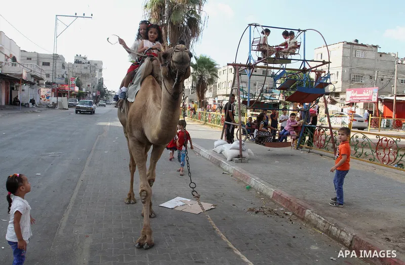 Palestinian children ride a camel on the second day of Eid al-Adha or the feast of sacrifice, in Rafah in the southern of Gaza strip, on Sep. 13, 2016. Muslims across the world are celebrating the annual festival of Eid...