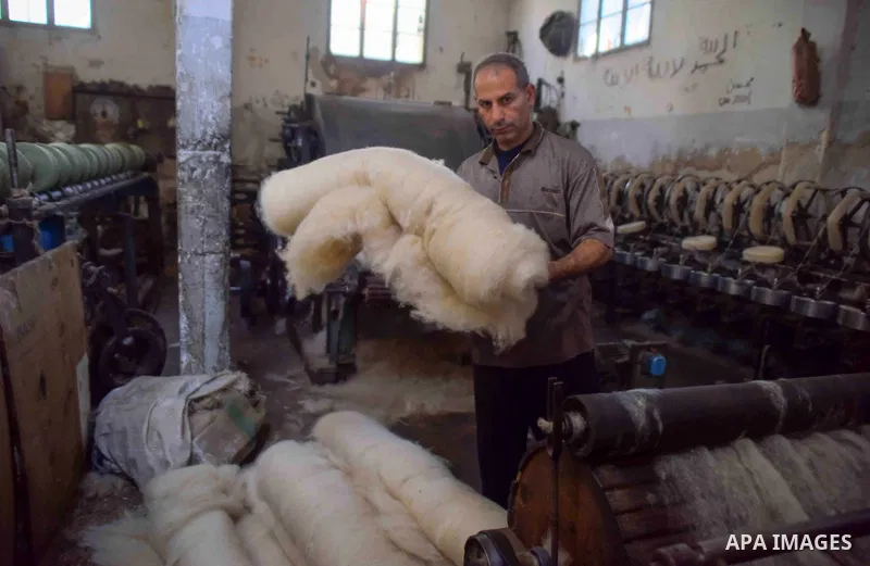 A worker prepares wool for production in a factory in Beheira Governorate, Egypt on September 3, 2016. Photo by Amr Sayed