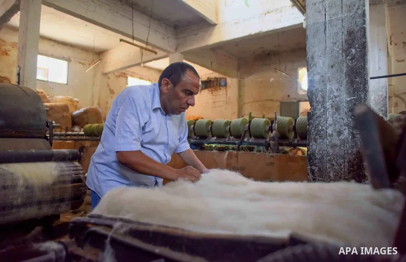 A worker prepares wool for production in a factory in Beheira Governorate, Egypt on September 3, 2016. Photo by Amr Sayed