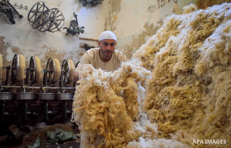 A worker prepares wool for production in a factory in Beheira Governorate, Egypt on September 3, 2016. Photo by Amr Sayed