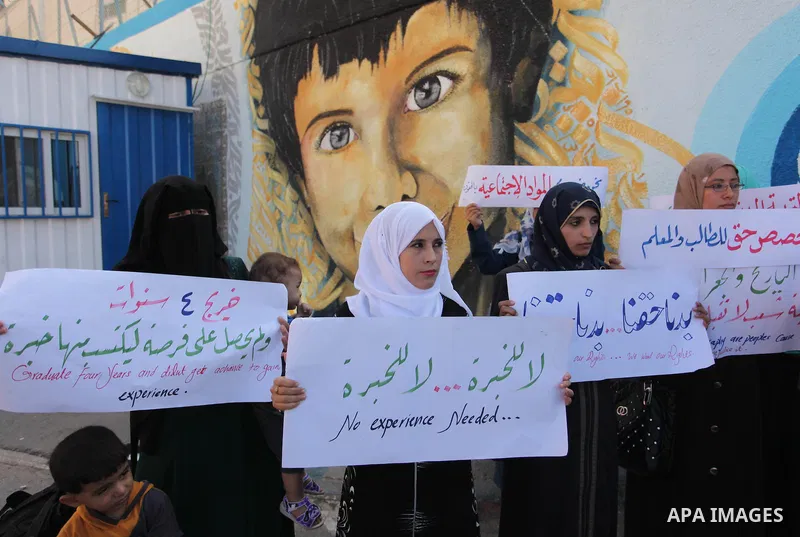 Palestinian teachers and graduates take part a protest demanding their rights in front of the headquarters United Nations Relief and Works Agency (UNRWA), in Gaza City, on Sept. 18, 2016. Photo by Ashraf Amra