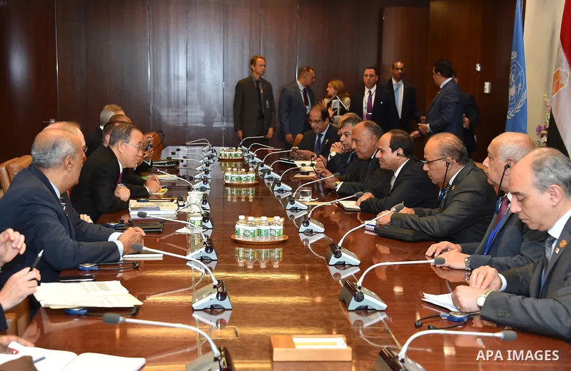 Egyptian President Abdel Fattah al-Sisi (L) arrives with United Nations Secretary-General Ban Ki-moon on the sidelines of the U.N. General Assembly at United Nations headquarters in New York City, U.S. September 19, 2016...