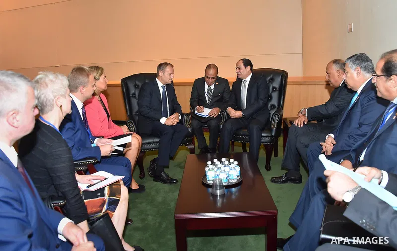 Egyptian President Abdel Fattah al-Sisi meets with President of the European Council, "Donald Tusk" at United Nations headquarters in New York City, U.S. September 19, 2016. Photo by Egyptian President Office