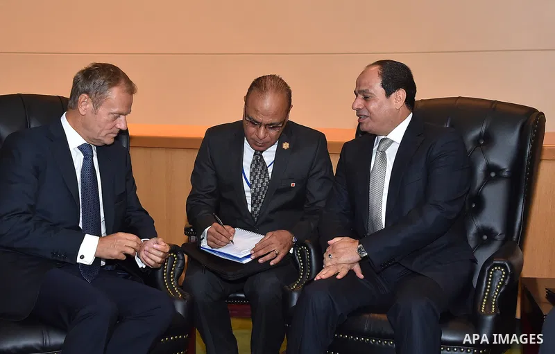 Egyptian President Abdel Fattah al-Sisi meets with President of the European Council, "Donald Tusk" at United Nations headquarters in New York City, U.S. September 19, 2016. Photo by Egyptian President Office