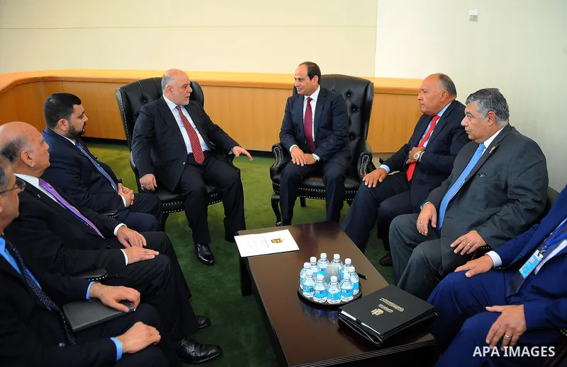 Egyptian President Abdel-Fattah El-Sisi meets with Iraqi Prime Minister Haider al-Abadi at the United Nations Headquarters in New York, U.S., where they are attending the UN General Assembly on Sep. 20, 2016. Photo by Eg...
