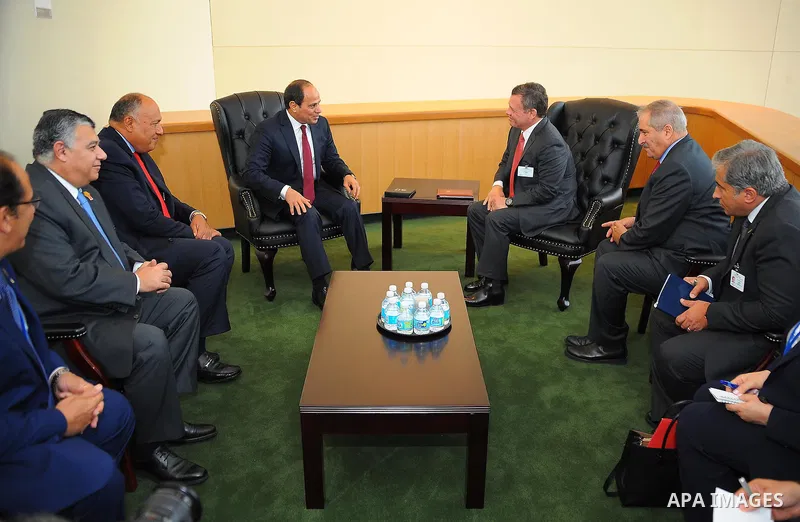 Egyptian President Abdel-Fattah El-Sisi meets with Jordanian King Abdullah II bin Al-Hussein at the United Nations Headquarters in New York, U.S., where they are attending the UN General Assembly on Sep. 20, 2016. Photo...
