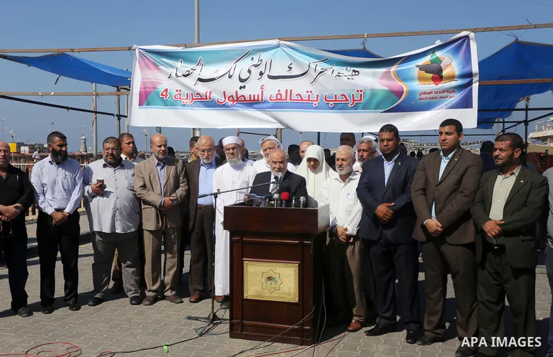 Deputy Speaker of the Legislative Council, Ahmed Bahar speaks during a press conference in the port of Gaza city, on October 6, 2016. Photo by Mohammed Asad