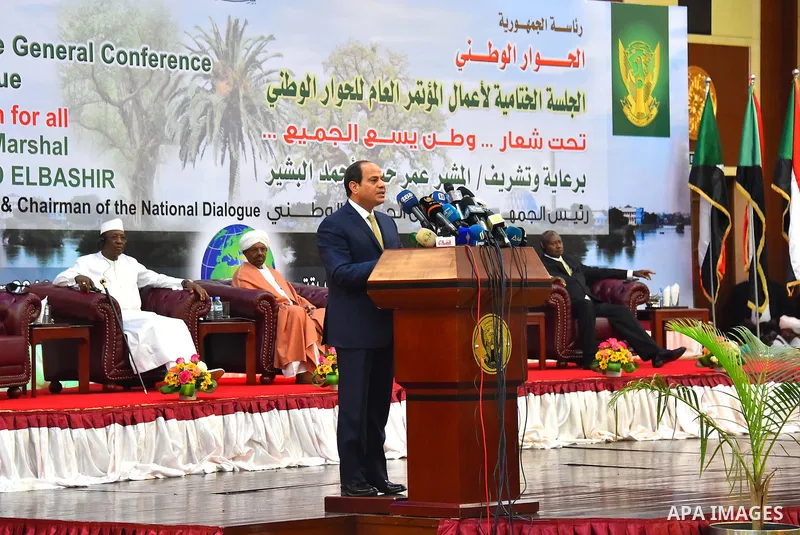Egyptian President Abdel Fattah al-Sisi speaks during the final session of a national dialogue launched in October 2015 to try to resolve the insurgencies in Sudan's border regions and the country's dilapidated economy,...