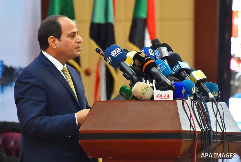 Egyptian President Abdel Fattah al-Sisi speaks during the final session of a national dialogue launched in October 2015 to try to resolve the insurgencies in Sudan's border regions and the country's dilapidated economy,...