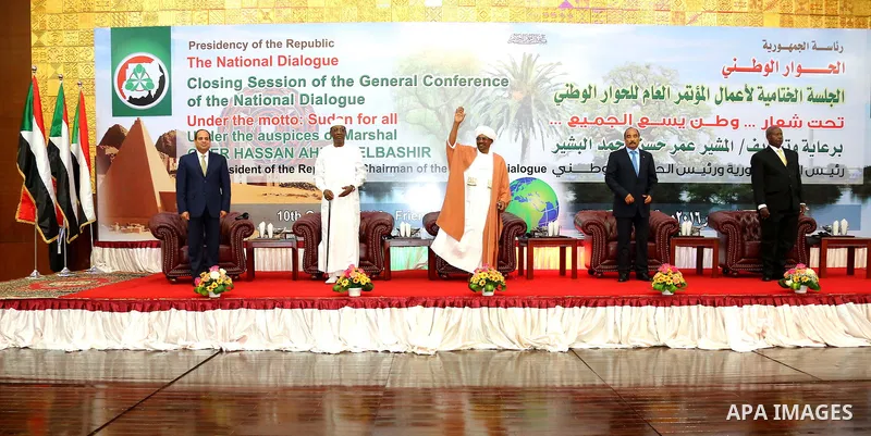 Egyptian President Abdel Fattah al-Sisi attends the final session of a national dialogue launched in October 2015 to try to resolve the insurgencies in Sudan's border regions and the country's dilapidated economy, in Kha...