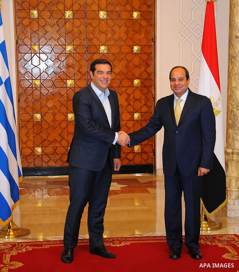 Egypt's President Abdel Fattah al-Sisi meets with Greek Prime Minister Alexis Tsipras at the El-Thadiya presidential palace in Cairo, Egypt, October 11, 2016. Photo by Egyptian President Office