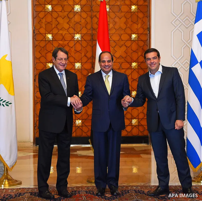 Egypt's President Abdel Fattah al-Sisi meets with Greek Prime Minister Alexis Tsipras at the El-Thadiya presidential palace in Cairo, Egypt, October 11, 2016. Photo by Egyptian President Office